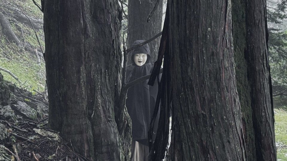 Tall cedars in the fog; deep among them, a small hooded figure in a pale mask, half-hidden by a trunk.